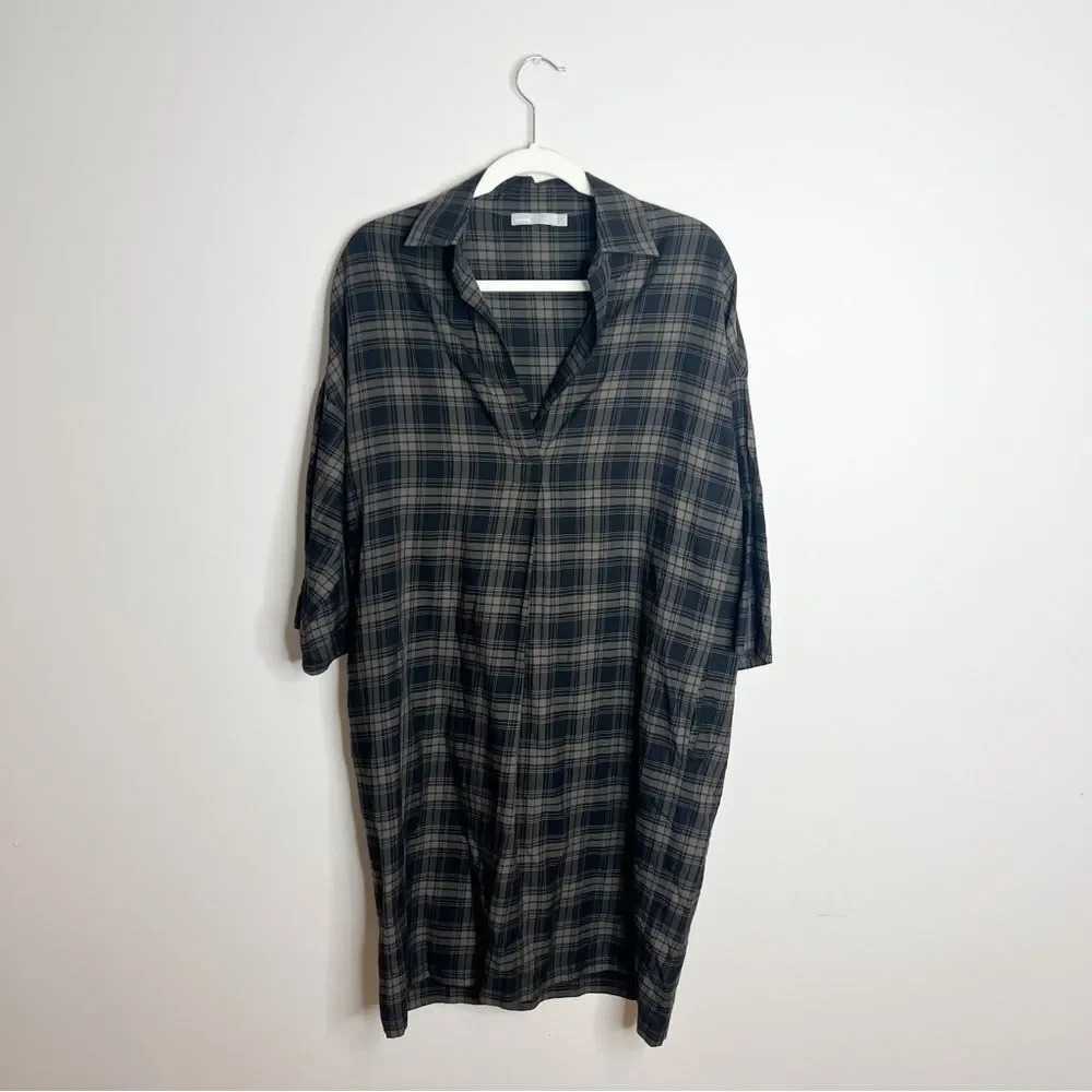 Vince Plaid Easy Pullover Cotton Dress in Military - Picture 2 of 6